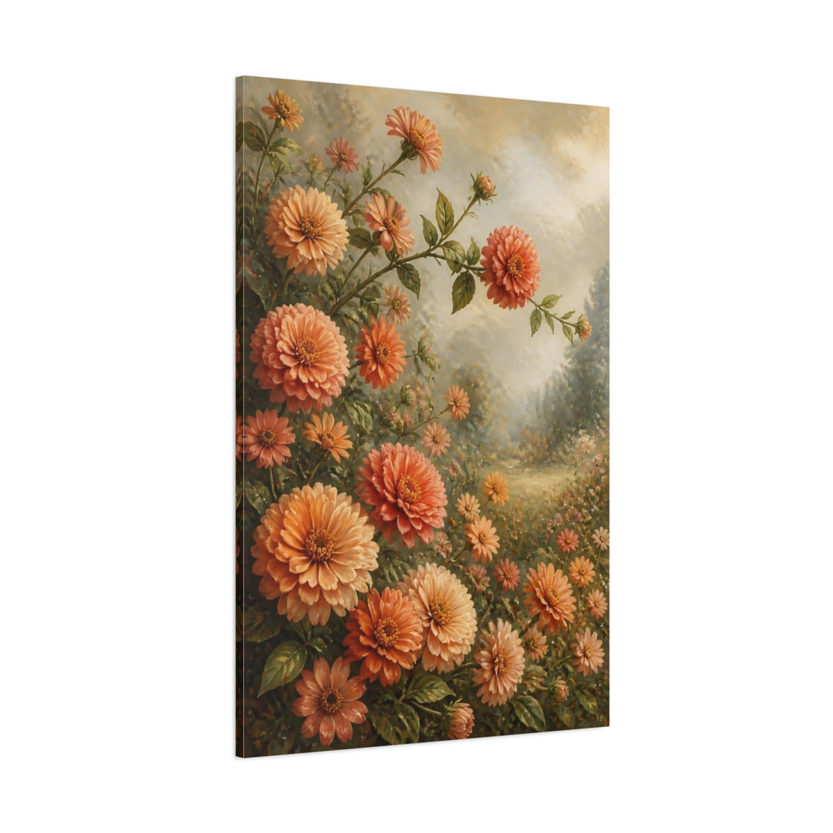 Side Mockup 1. Peach Zinnia Garden Flowers shown as canvas print