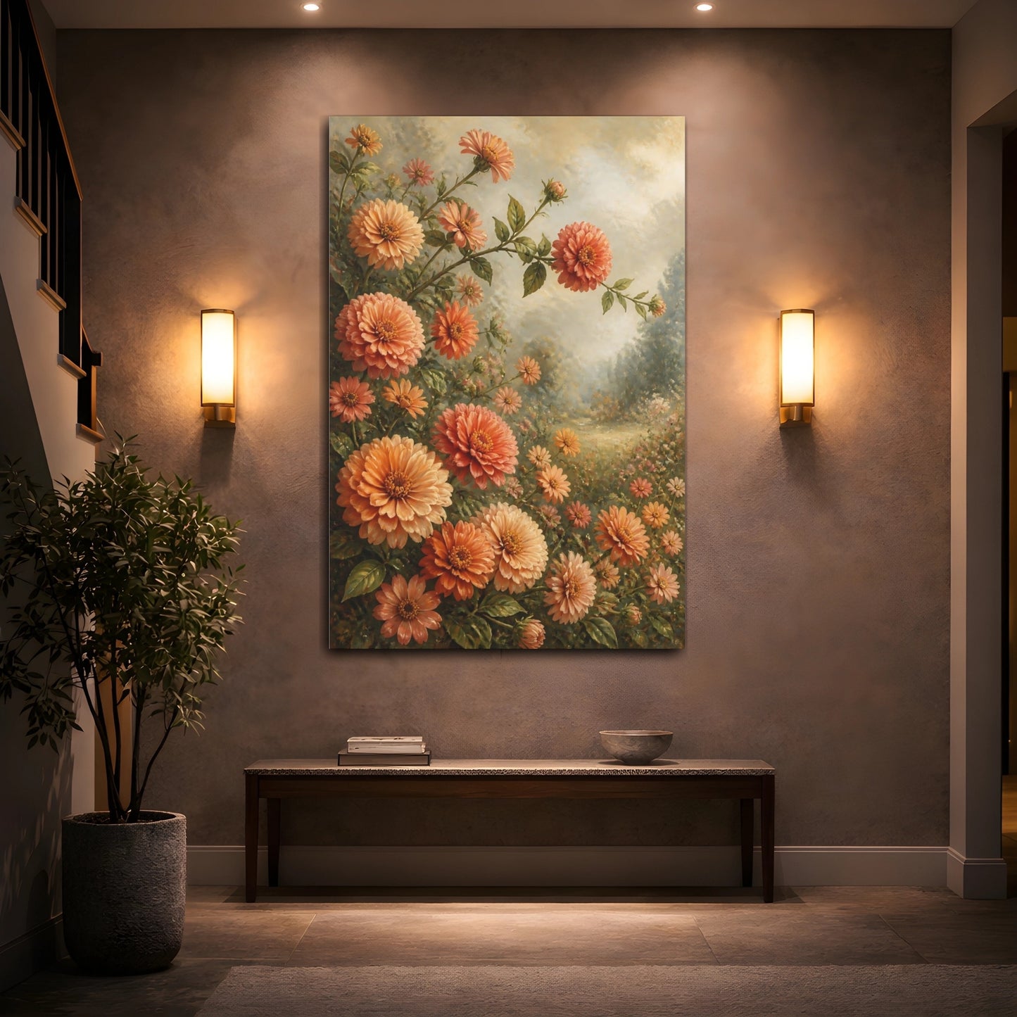 Mockup 2. Peach Zinnia Garden Flowers shown as canvas print