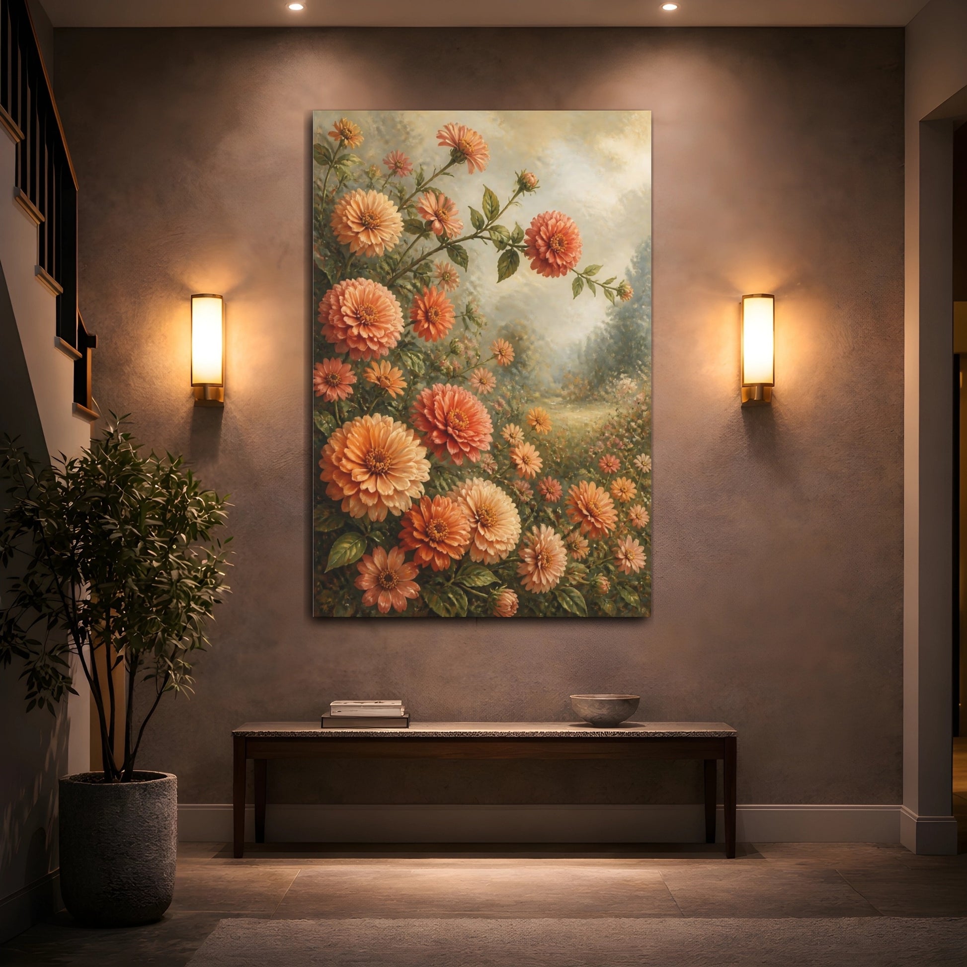 Mockup 2. Peach Zinnia Garden Flowers shown as canvas print