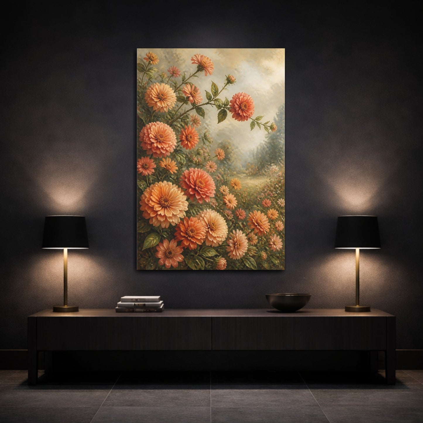 Mockup 3. Peach Zinnia Garden Flowers shown as canvas print
