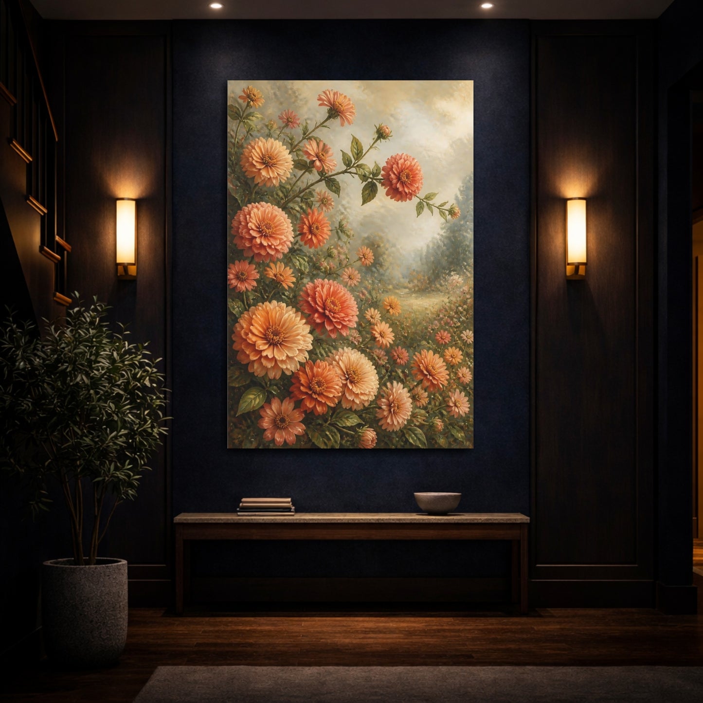 Mockup 4. Peach Zinnia Garden Flowers shown as canvas print