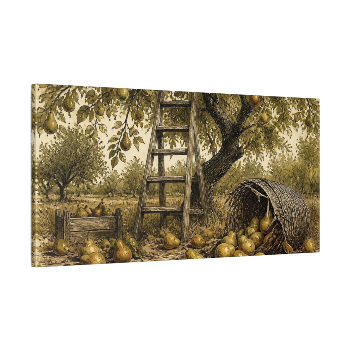 Main Mockup. Pear Tree Harvest Scene shown as canvas print