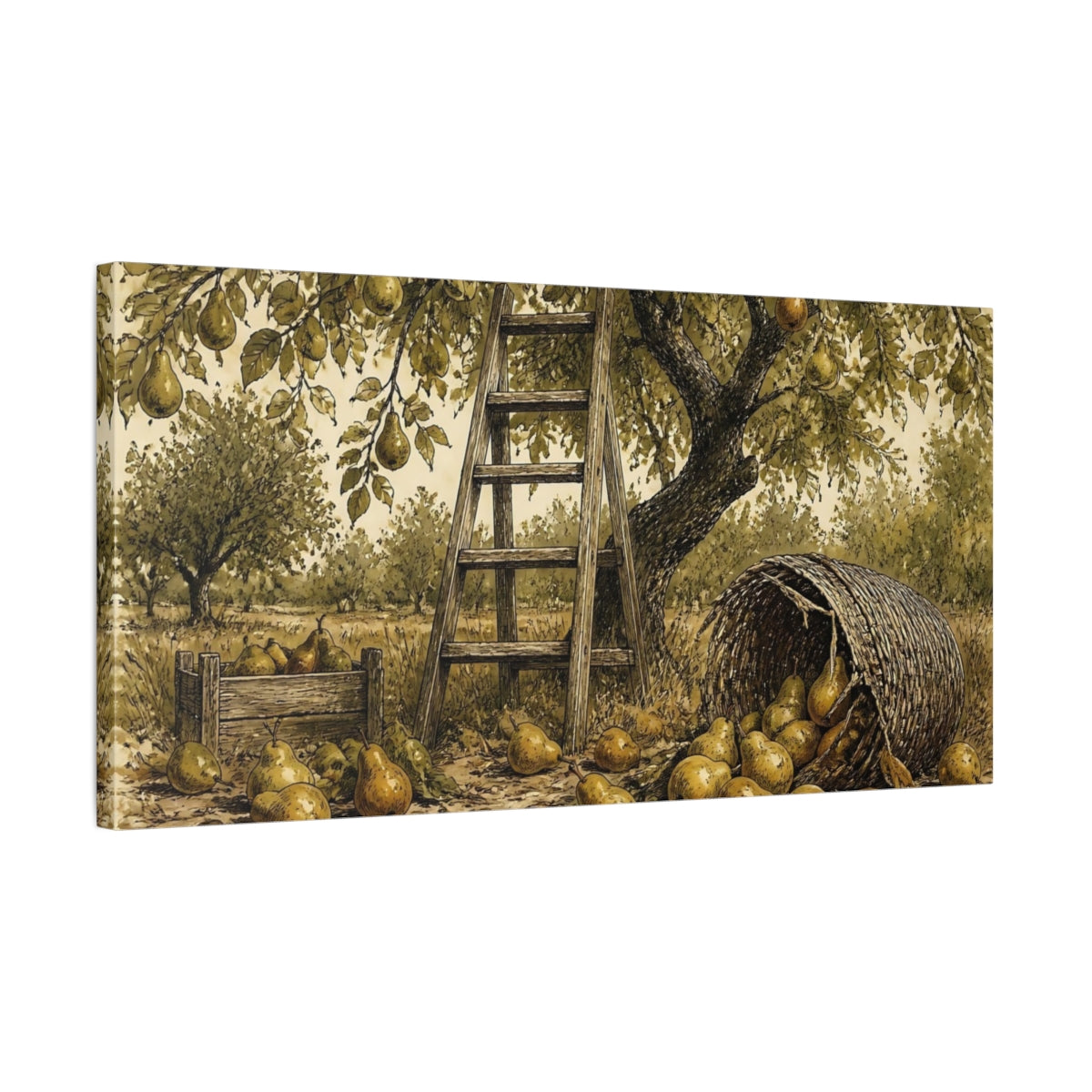 Side Mockup 1. Pear Tree Harvest Scene shown as canvas print