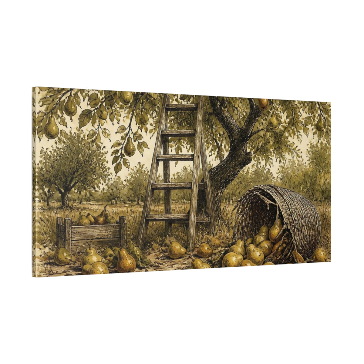 Side Mockup 2. Pear Tree Harvest Scene shown as canvas print