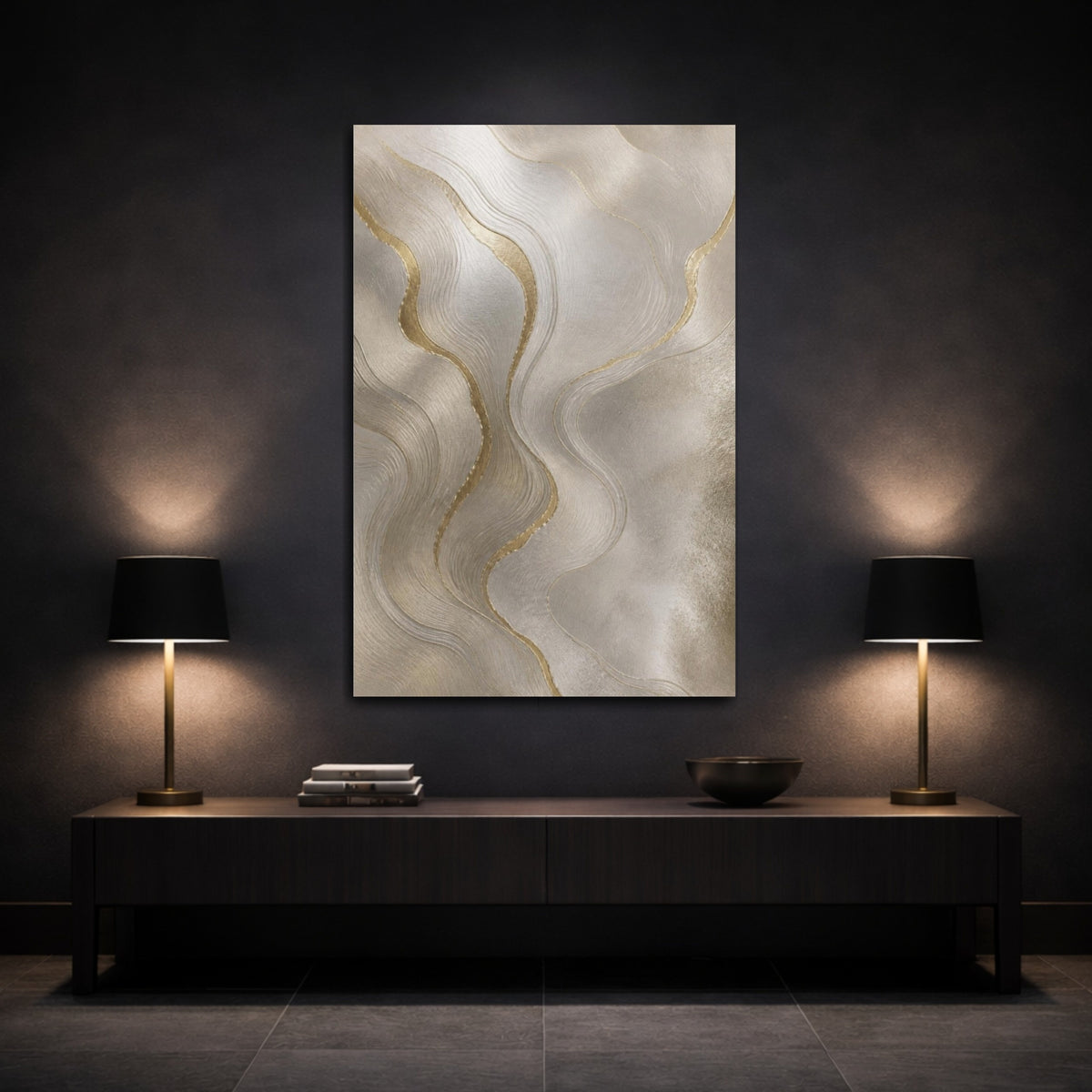 Mockup 3. Pearl And Gold Waves shown as canvas print