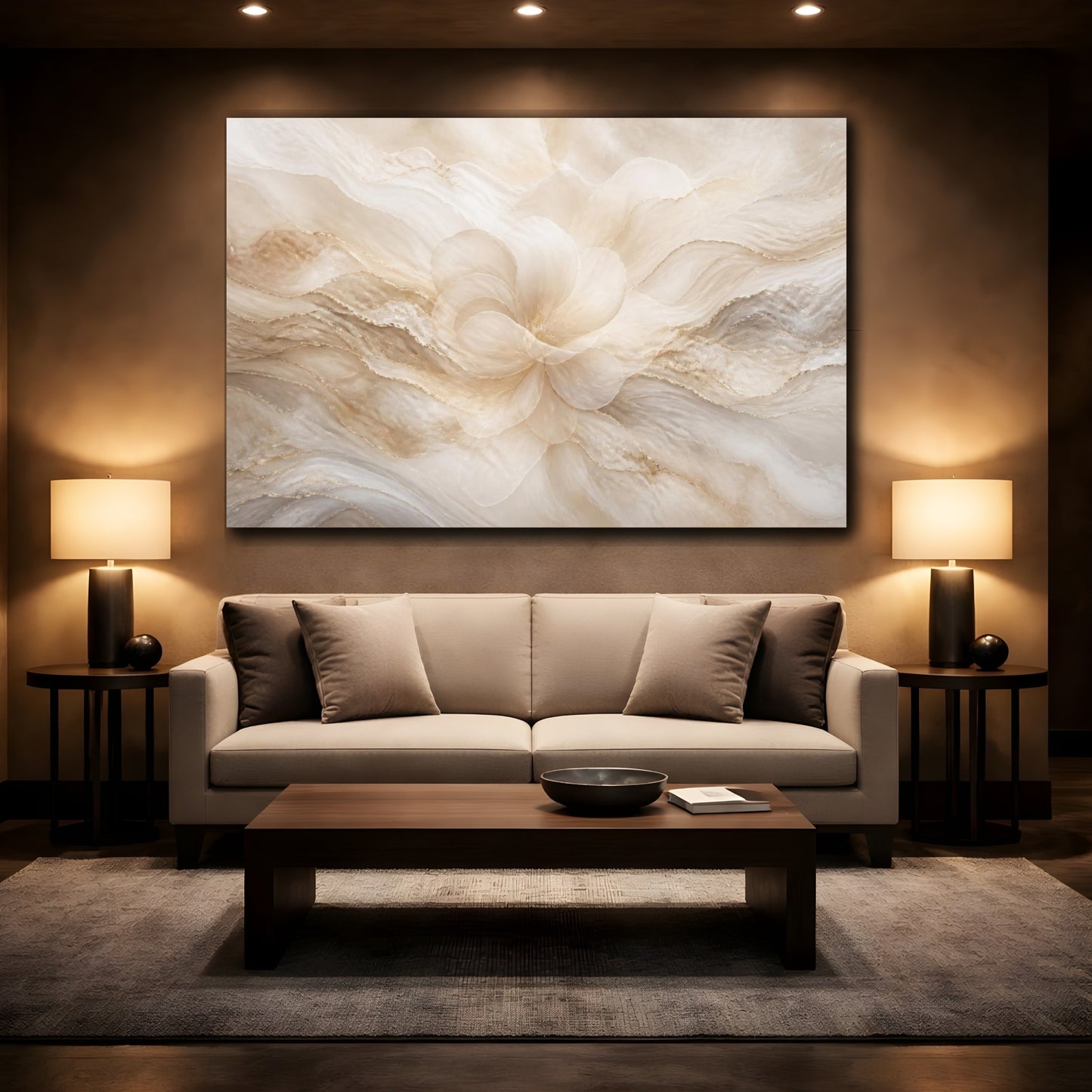 Mockup 2. Pearl Cream Floral Bloom shown as canvas print