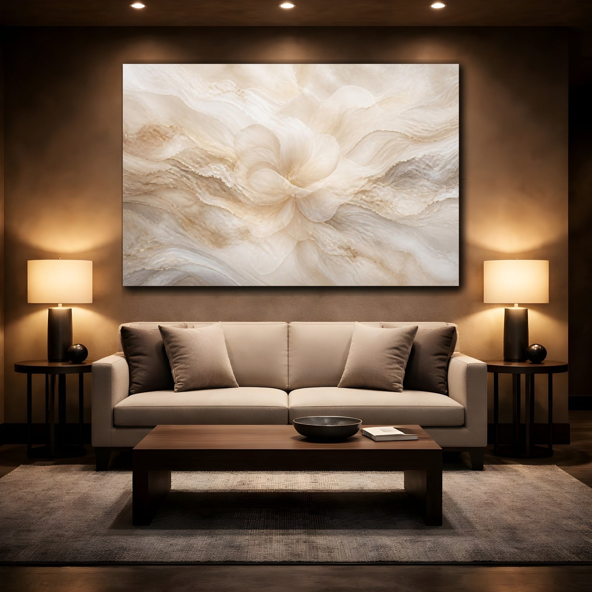 Mockup 2. Pearl Cream Floral Bloom shown as canvas print