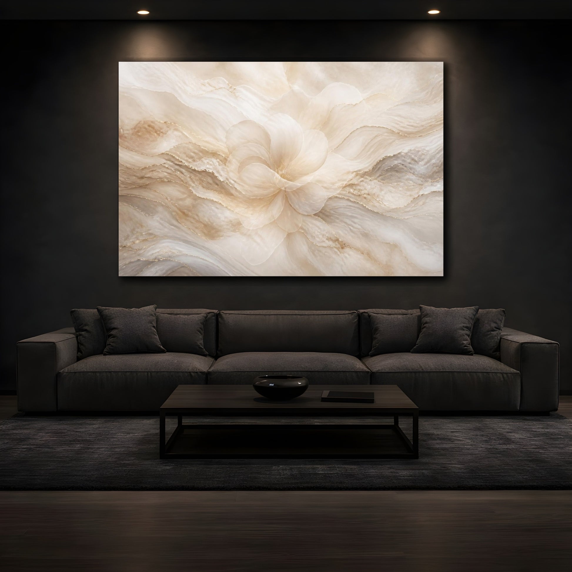 Mockup 3. Pearl Cream Floral Bloom shown as canvas print