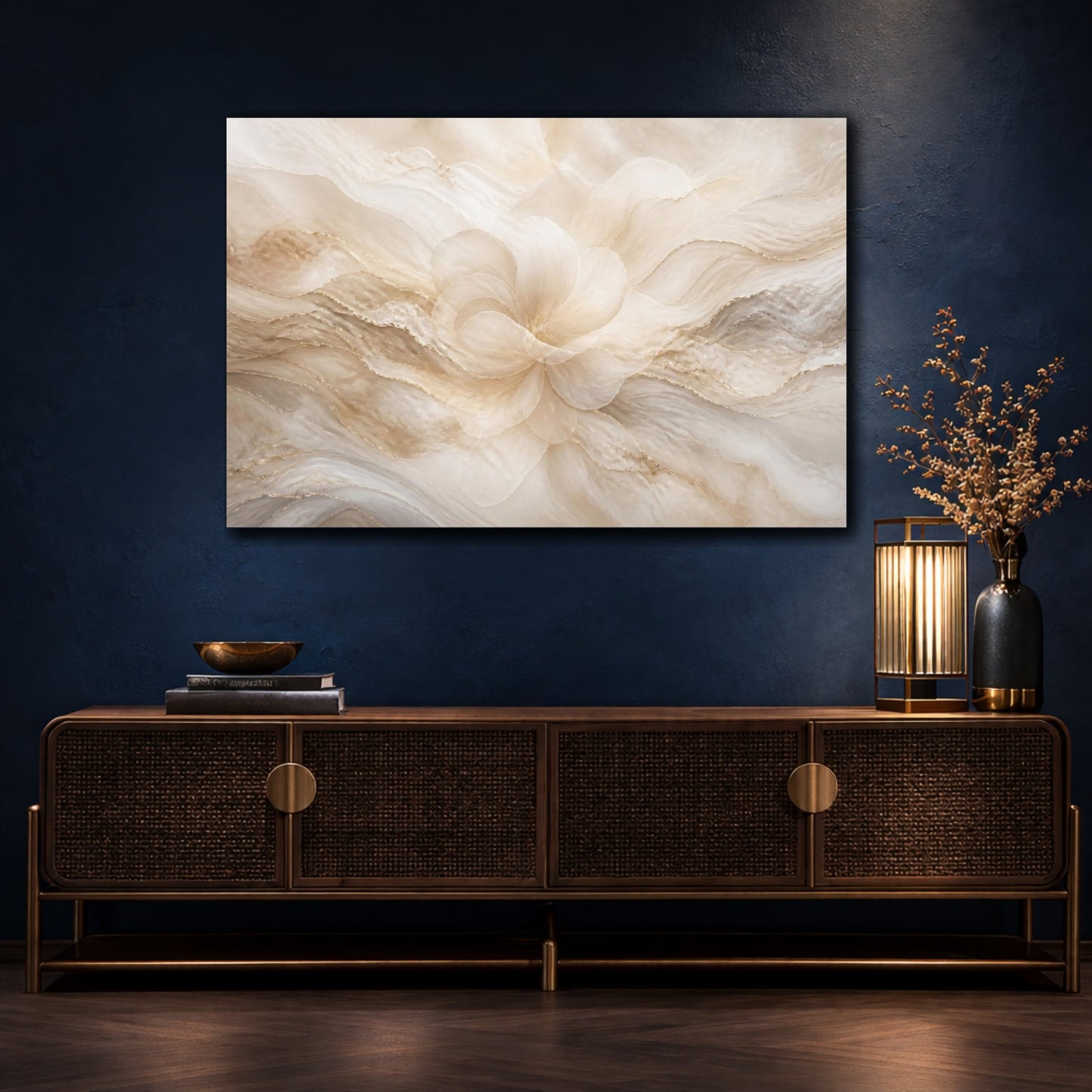 Mockup 4. Pearl Cream Floral Bloom shown as canvas print
