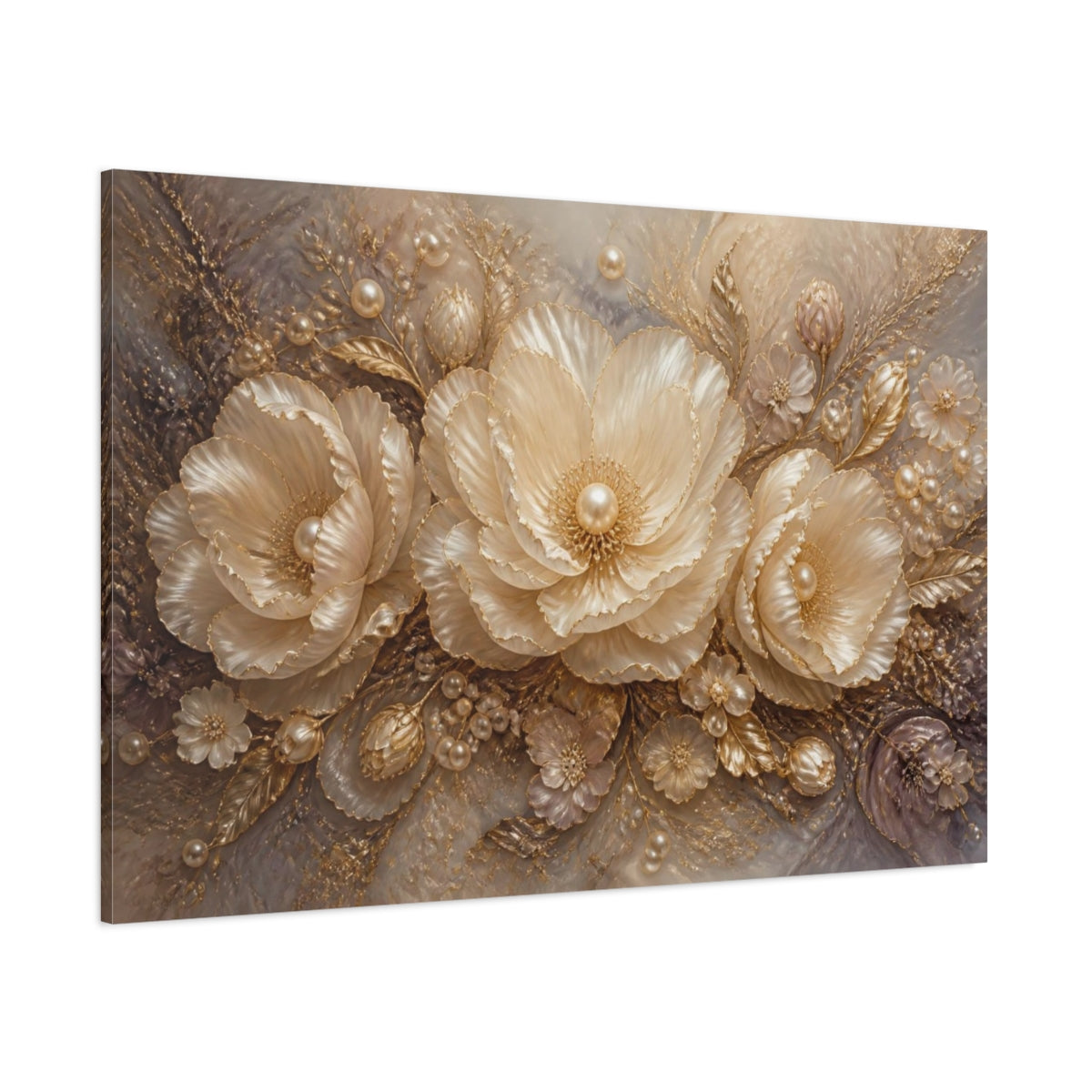 Side Mockup 1. Pearl Gold Floral Elegance shown as canvas print