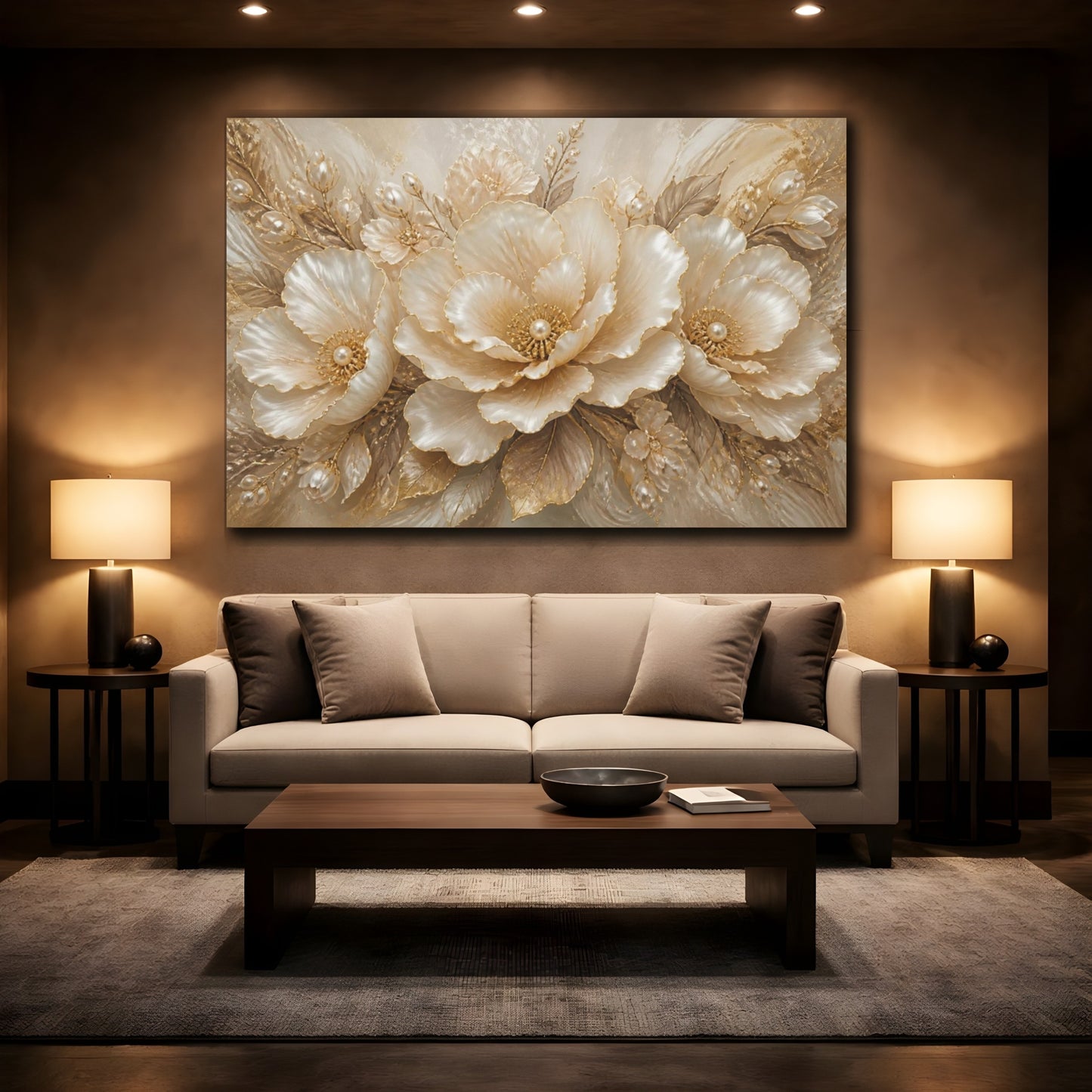 Mockup 2. Pearl Gold Floral Elegance shown as canvas print