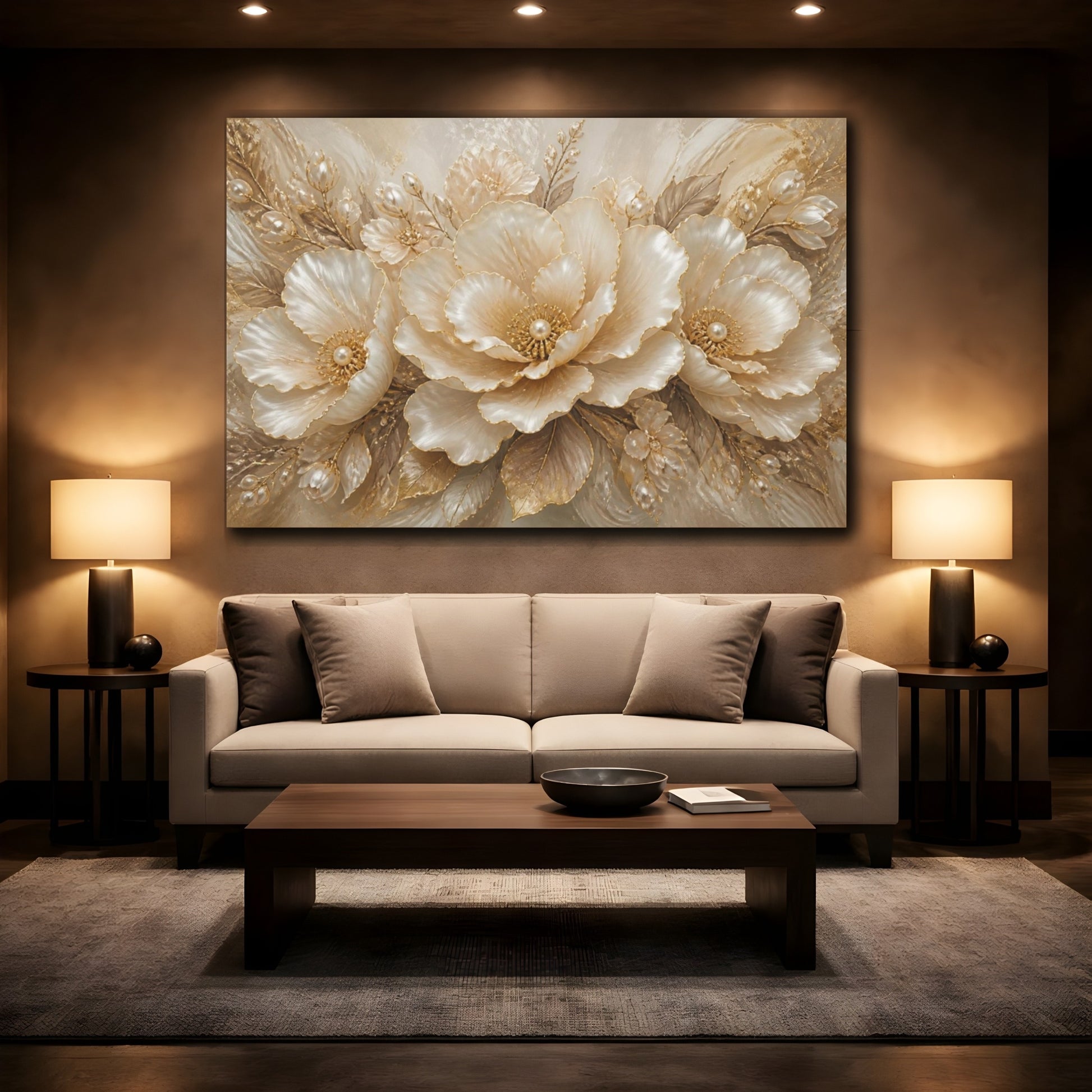 Mockup 2. Pearl Gold Floral Elegance shown as canvas print
