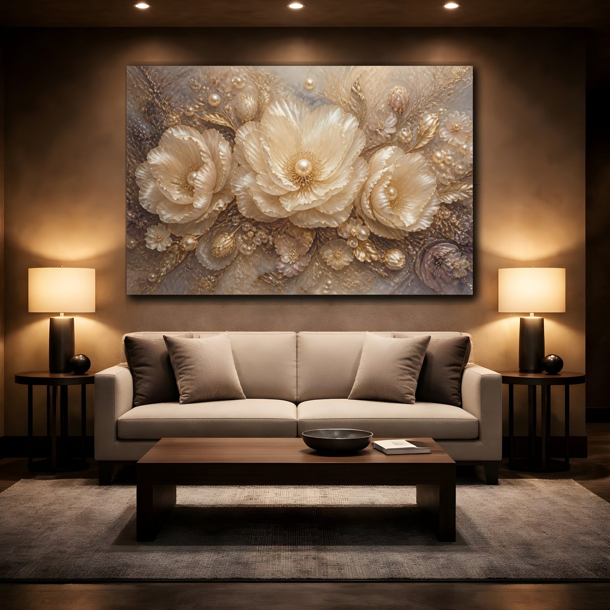 Mockup 2. Pearl Gold Floral Elegance shown as canvas print
