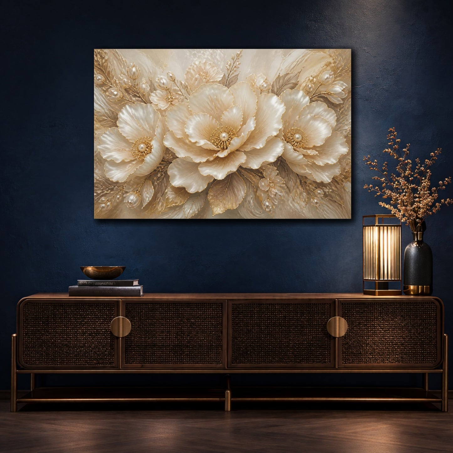 Mockup 4. Pearl Gold Floral Elegance shown as canvas print