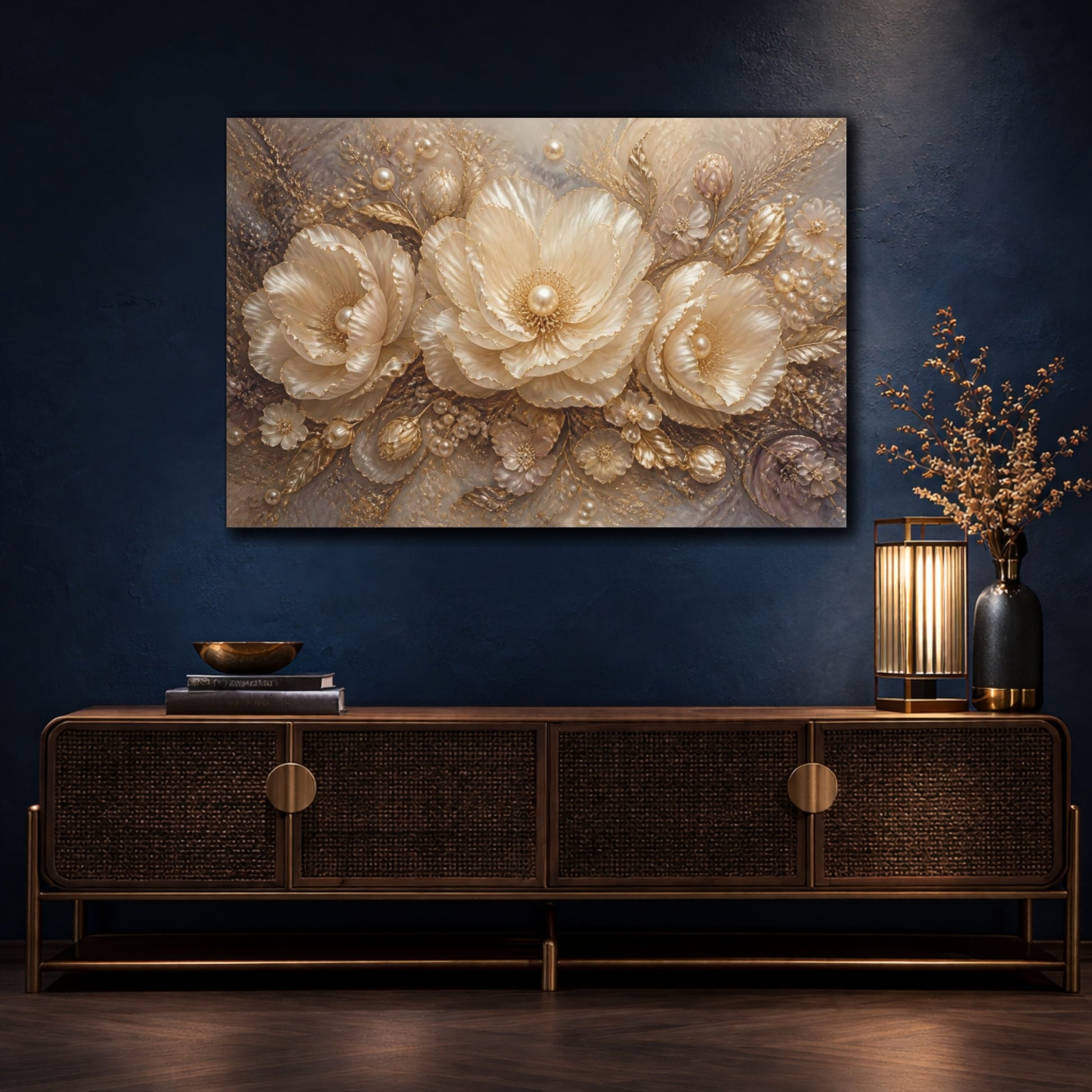Mockup 4. Pearl Gold Floral Elegance shown as canvas print