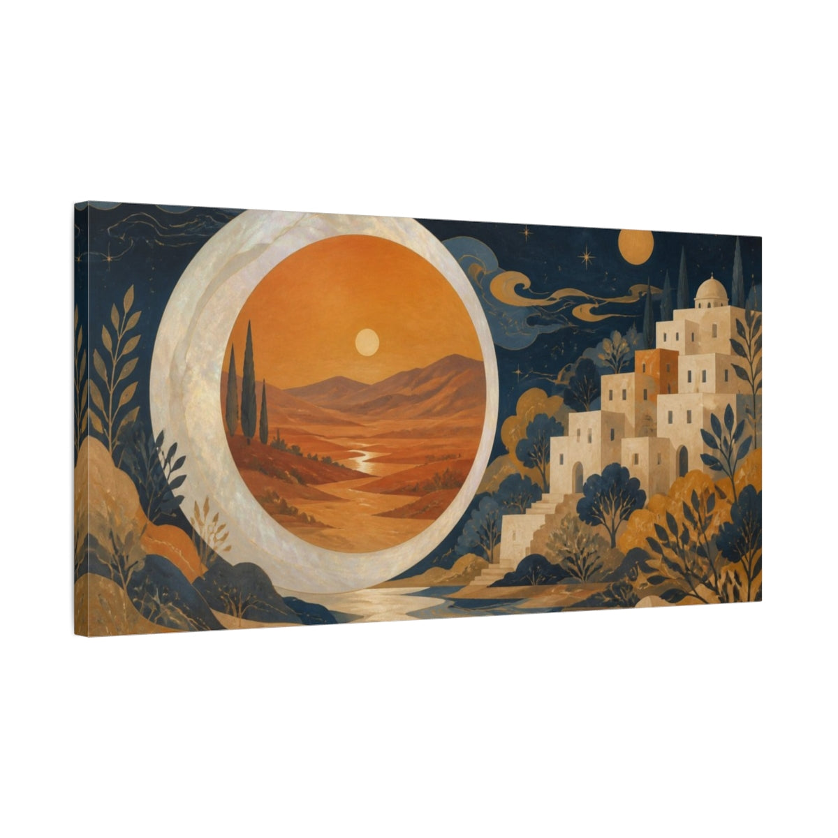 Side Mockup 1. Pearl Moon Desert Portal shown as canvas print