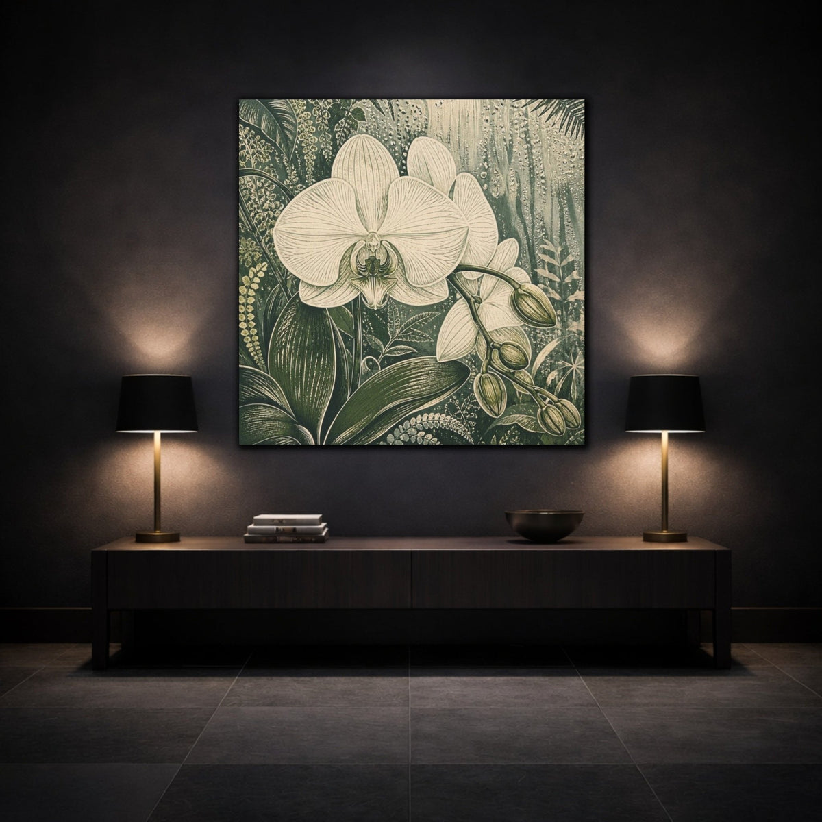 Pearl Orchid With Dew Canvas Print – Living Room, Above Fireplace, Moss Green - YesArtYes
