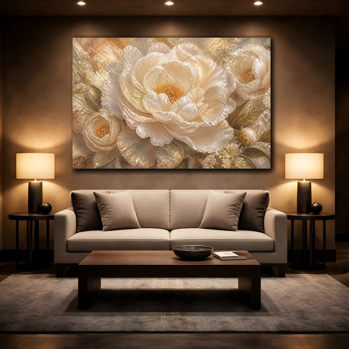 Mockup 2. Pearl Peony Floral Bloom shown as canvas print