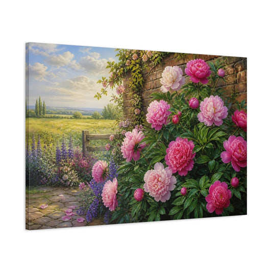 Main Mockup. Peonies By Garden Wall shown as canvas print