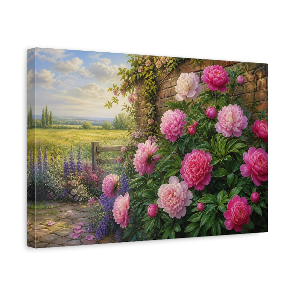 Side Mockup 4. Peonies By Garden Wall shown as canvas print