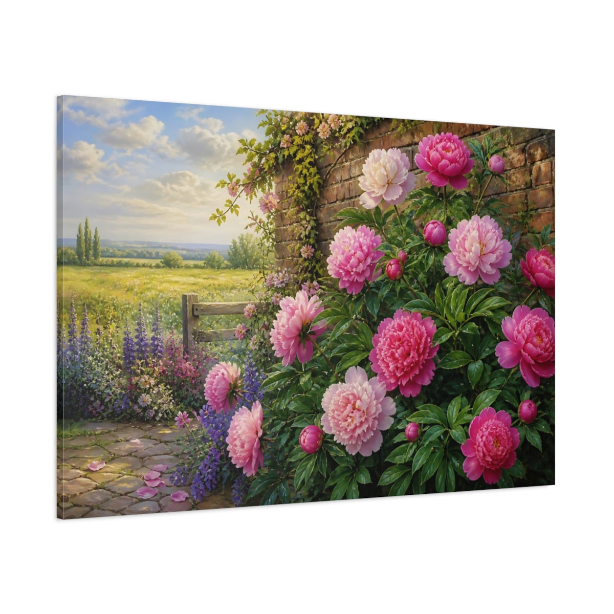 Side Mockup 1. Peonies By Garden Wall shown as canvas print