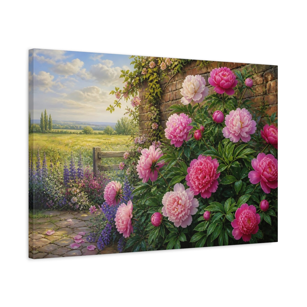 Side Mockup 2. Peonies By Garden Wall shown as canvas print