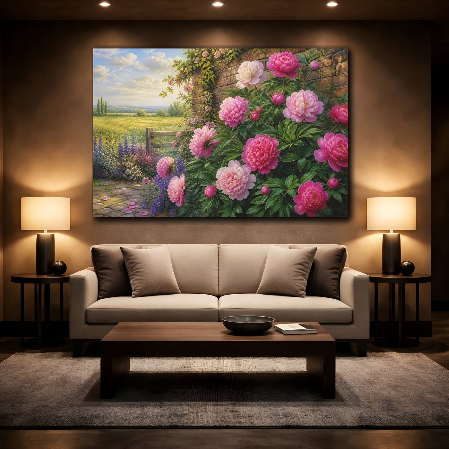 Mockup 2. Peonies By Garden Wall shown as canvas print