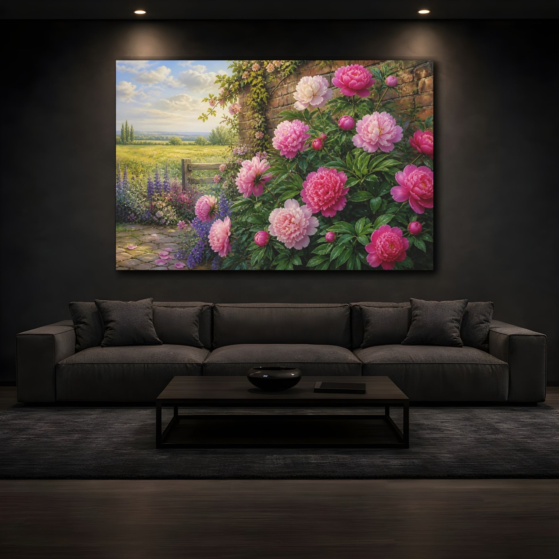 Mockup 3. Peonies By Garden Wall shown as canvas print