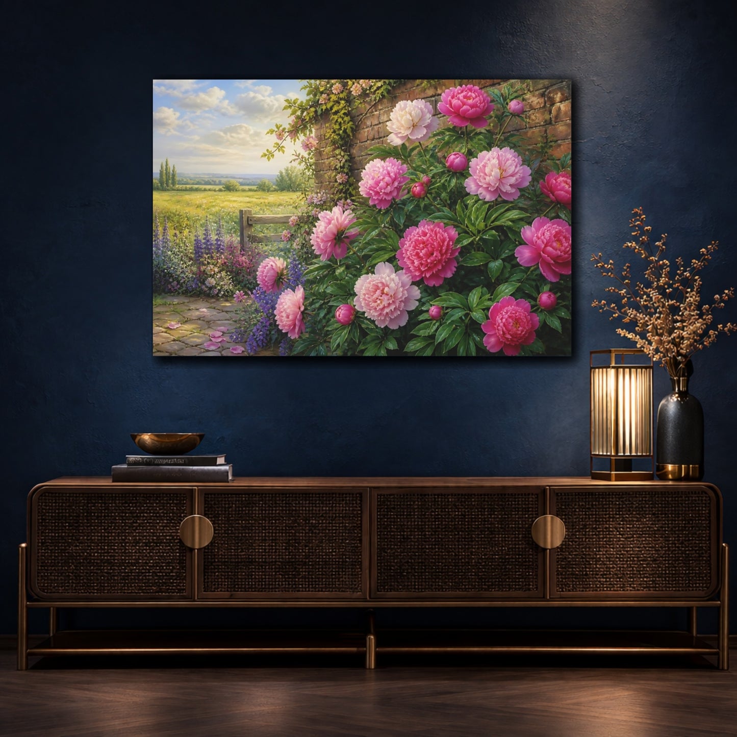 Mockup 4. Peonies By Garden Wall shown as canvas print