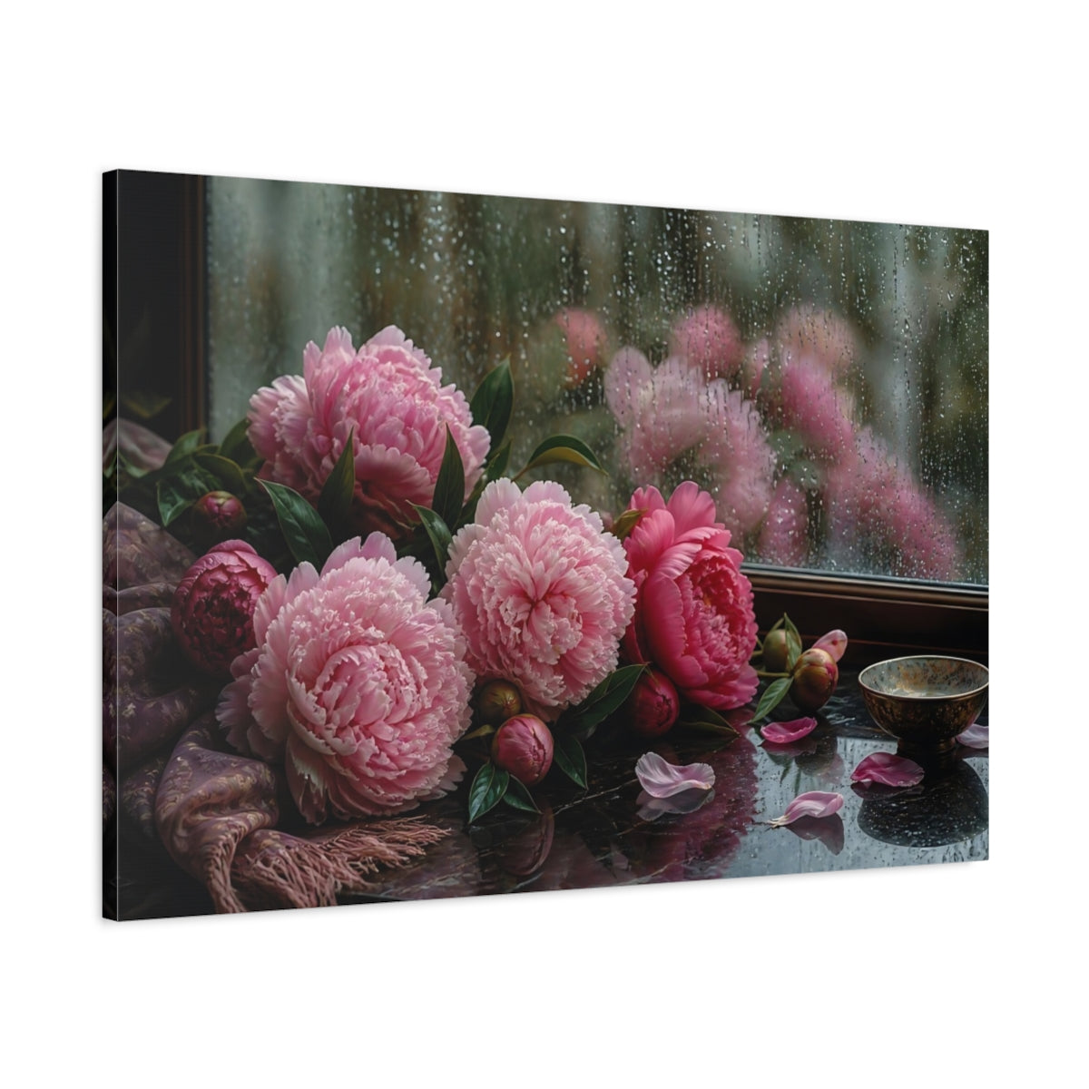 Main Mockup. Peonies On Windowsill shown as canvas print
