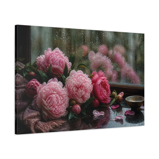 Main Mockup. Peonies On Windowsill shown as canvas print