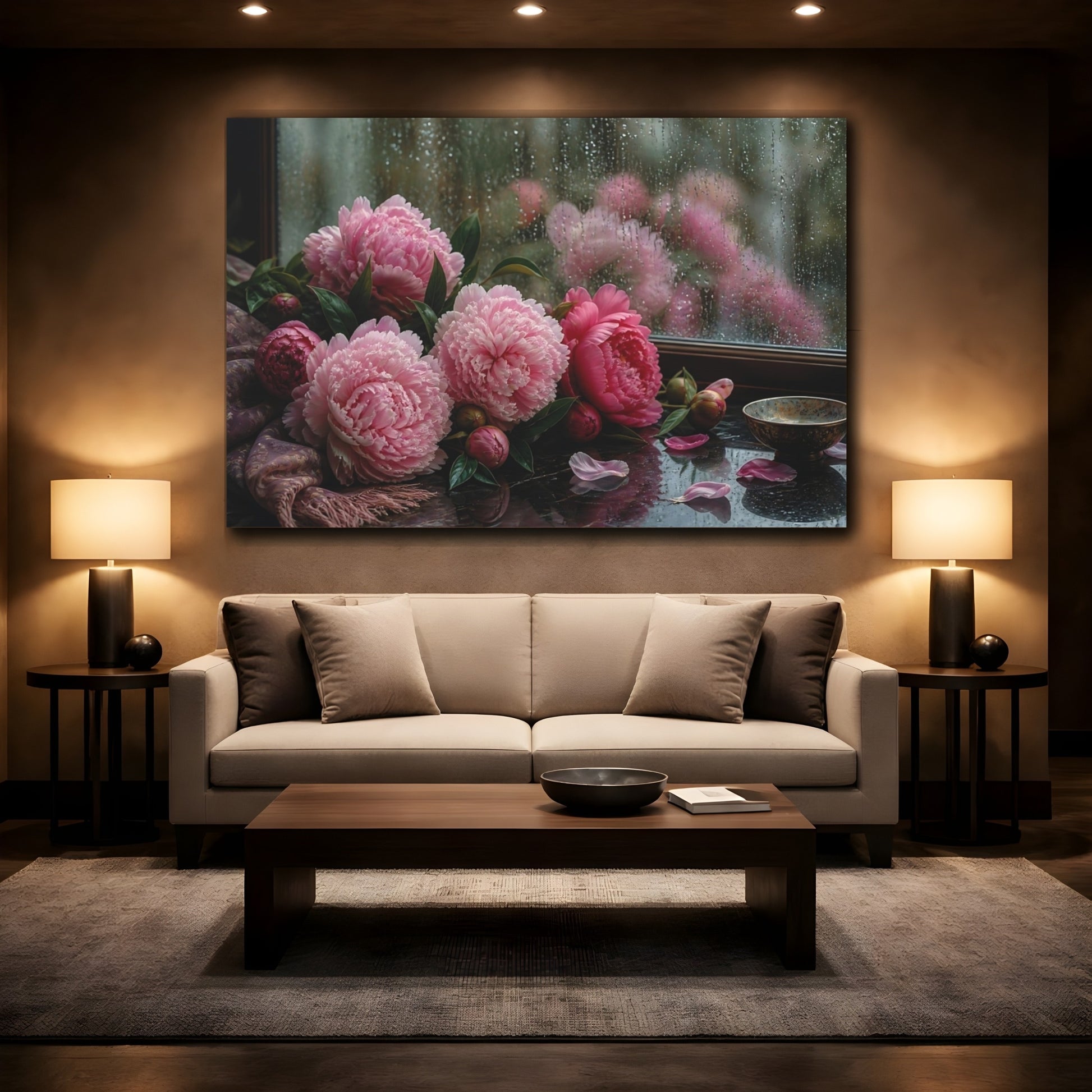 Mockup 2. Peonies On Windowsill shown as canvas print