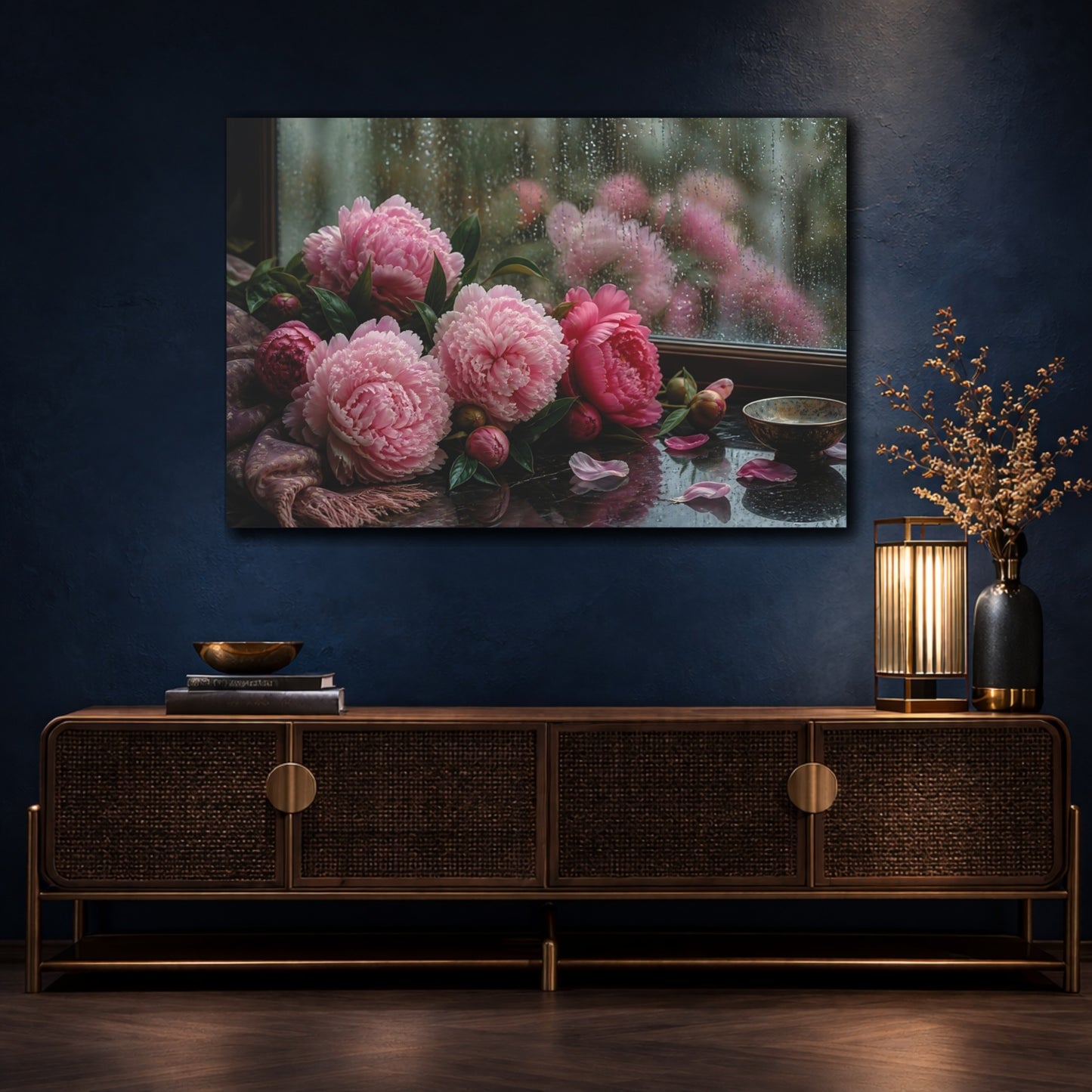 Mockup 4. Peonies On Windowsill shown as canvas print