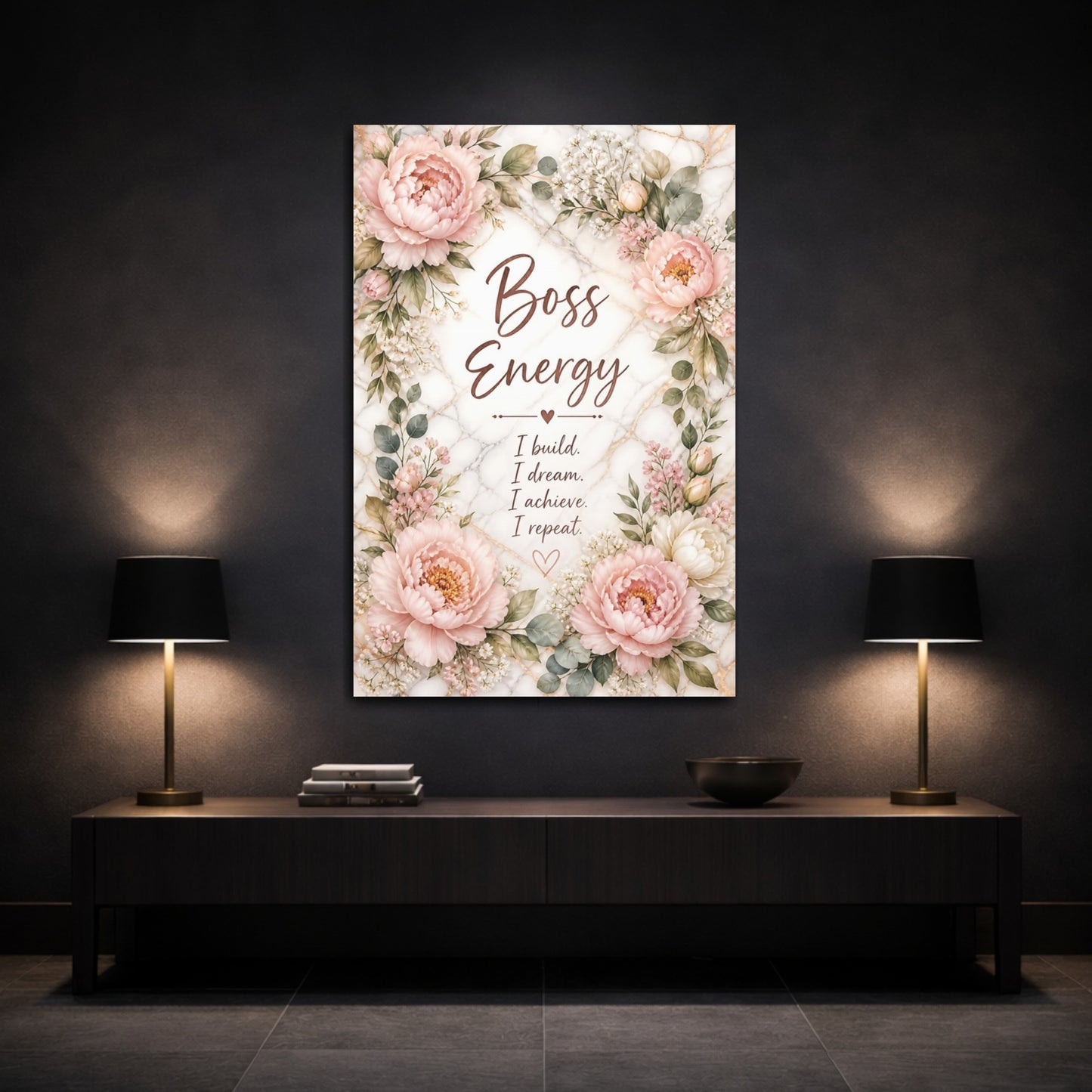 Mockup 3. Peony Boss Quotes shown as canvas print