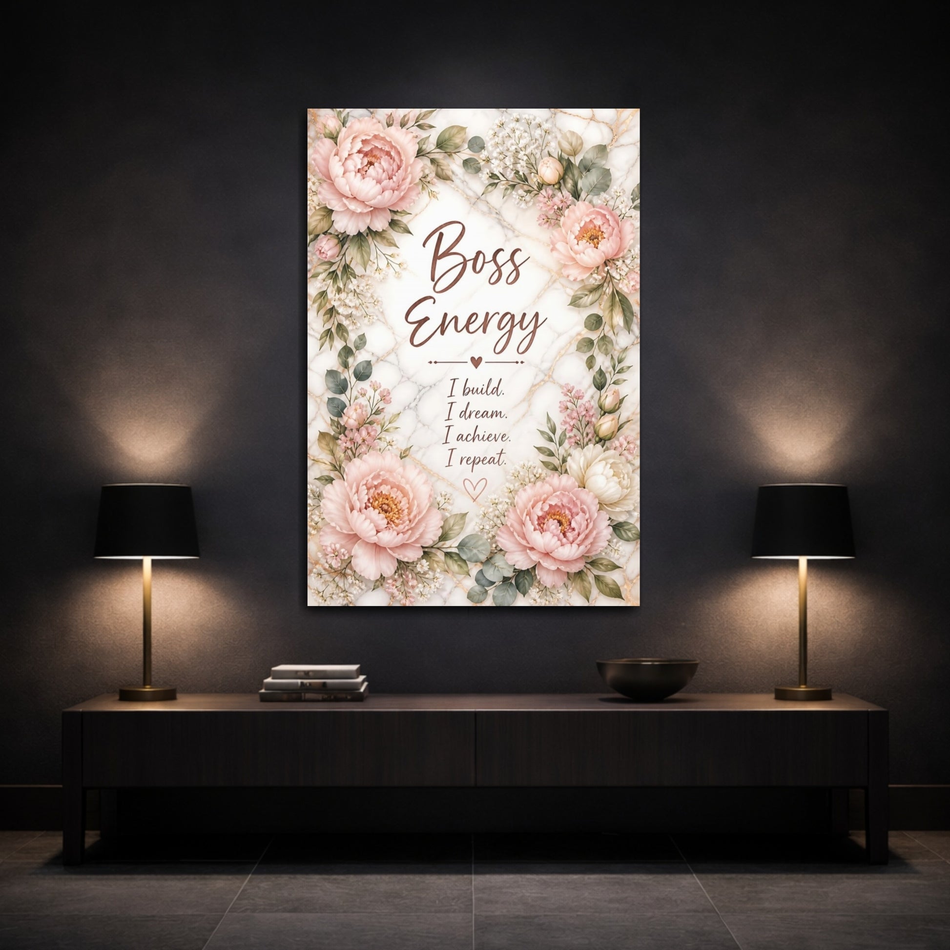 Mockup 3. Peony Boss Quotes shown as canvas print