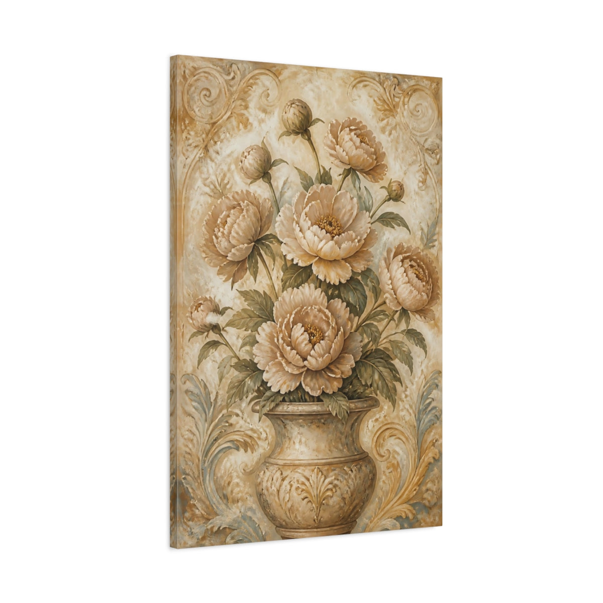 Main Mockup. Peony Flowers In Aged Vase shown as canvas print