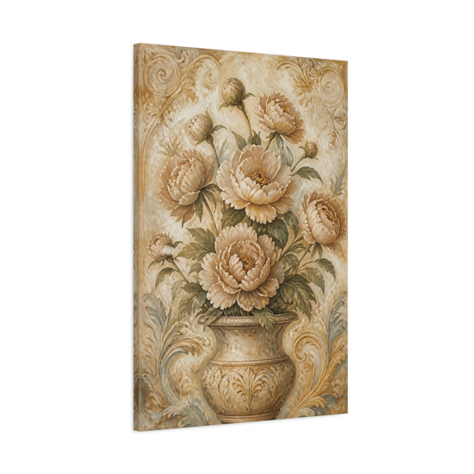 Main Mockup. Peony Flowers In Aged Vase shown as canvas print