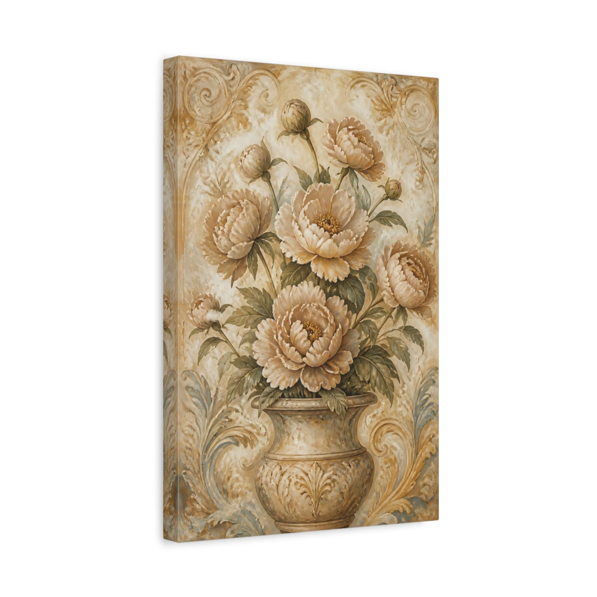 Side Mockup 4. Peony Flowers In Aged Vase shown as canvas print
