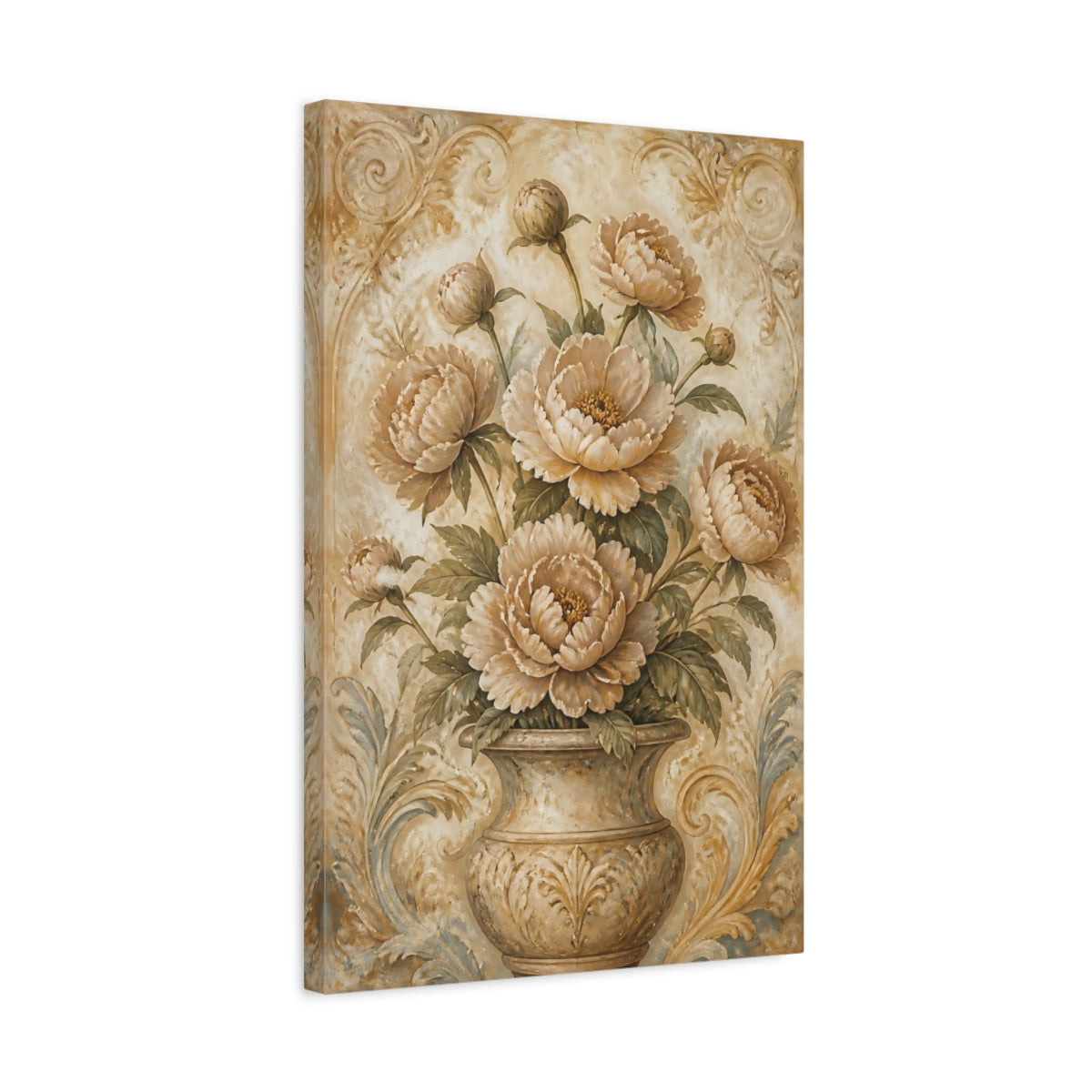 Side Mockup 3. Peony Flowers In Aged Vase shown as canvas print