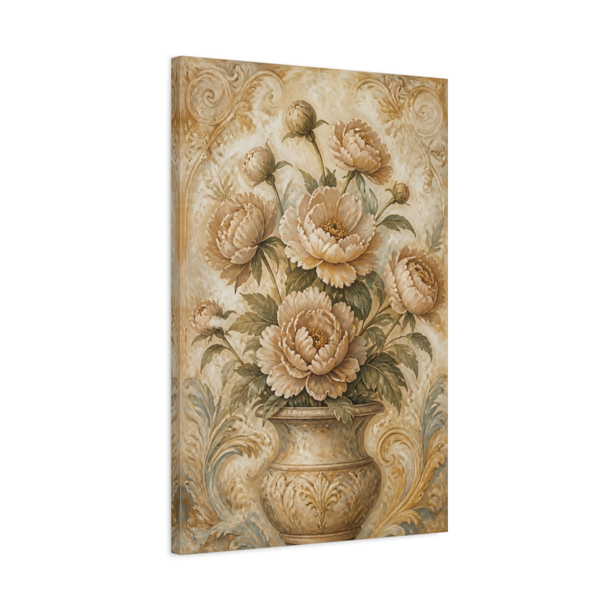 Side Mockup 2. Peony Flowers In Aged Vase shown as canvas print
