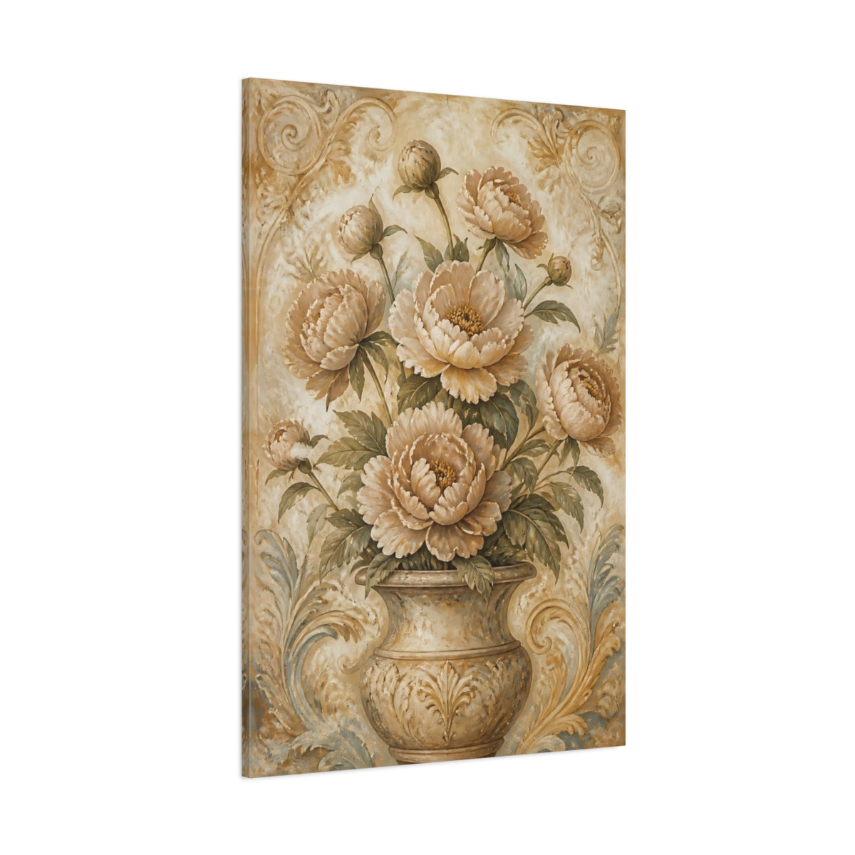 Side Mockup 1. Peony Flowers In Aged Vase shown as canvas print