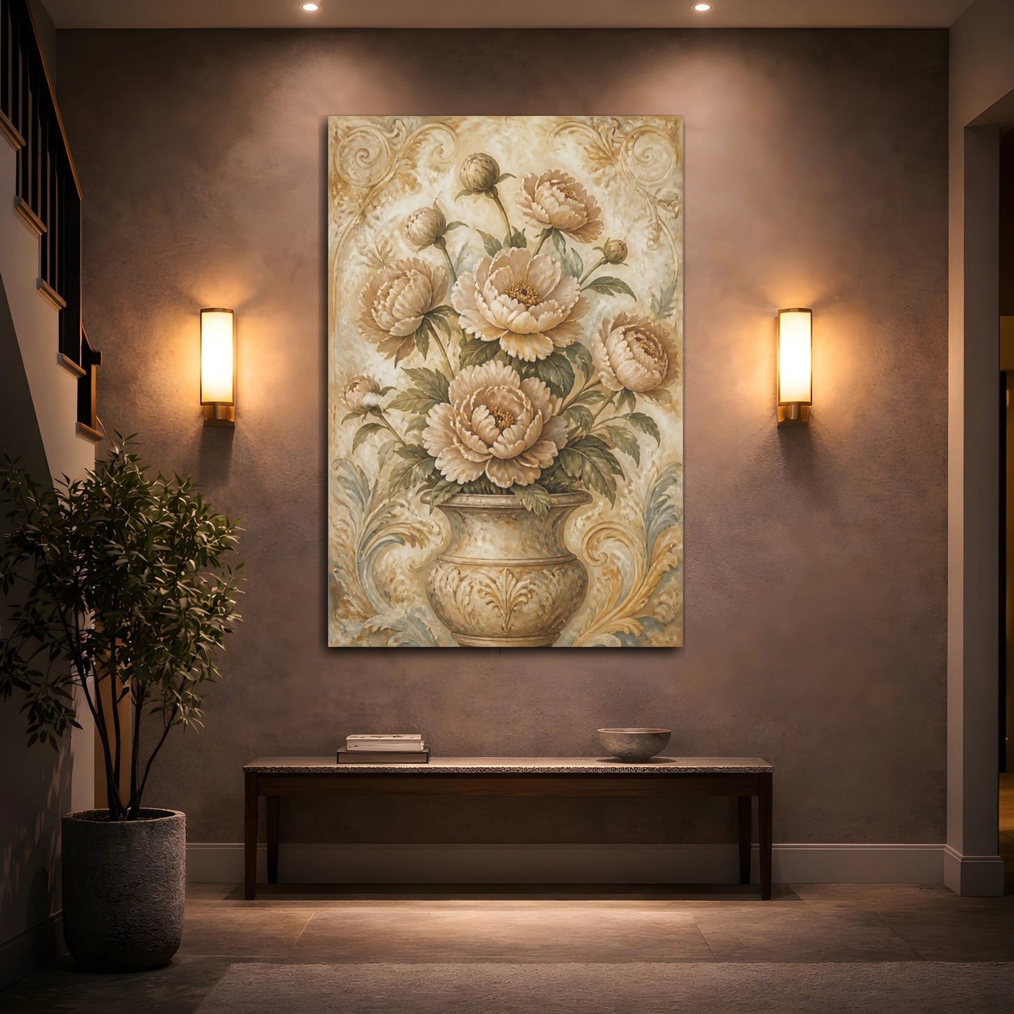 Mockup 2. Peony Flowers In Aged Vase shown as canvas print