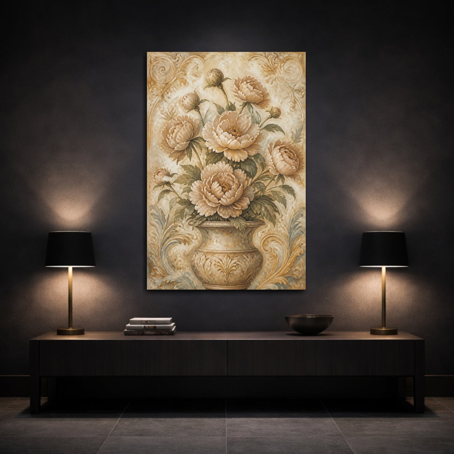 Mockup 3. Peony Flowers In Aged Vase shown as canvas print