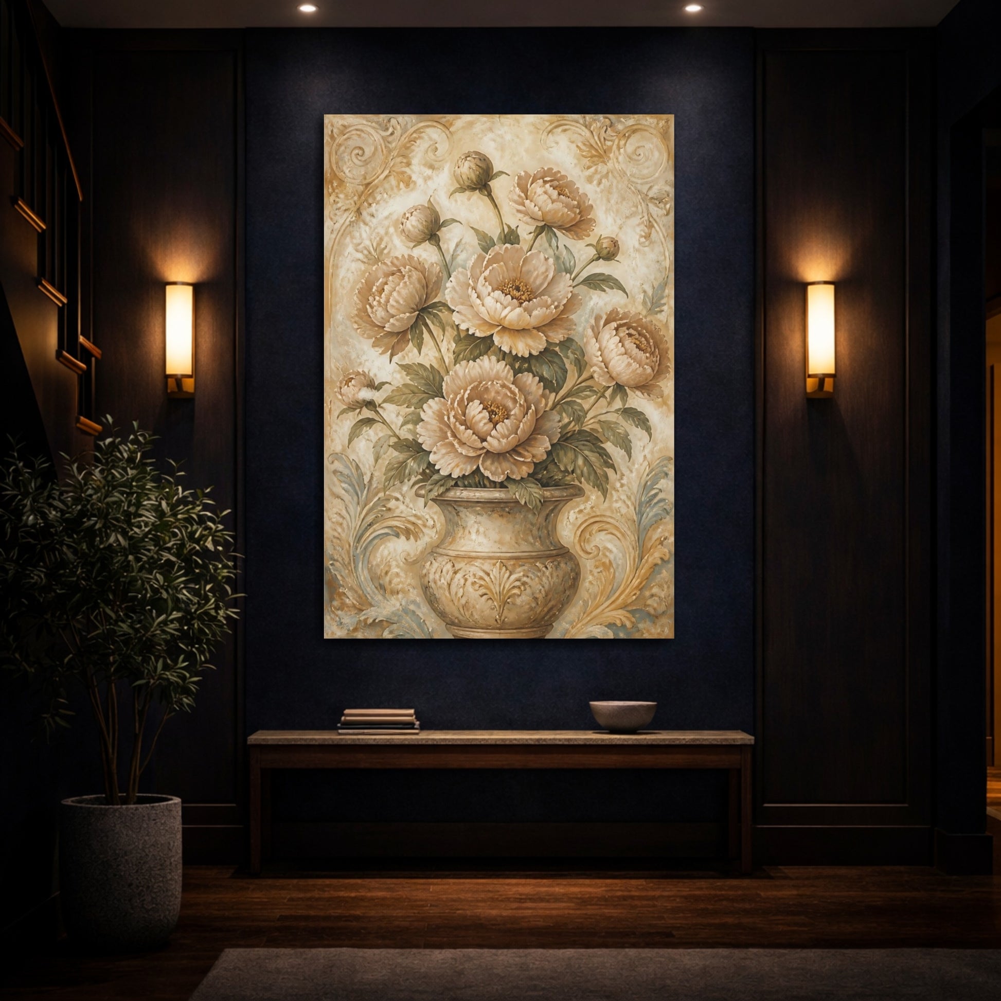 Mockup 4. Peony Flowers In Aged Vase shown as canvas print