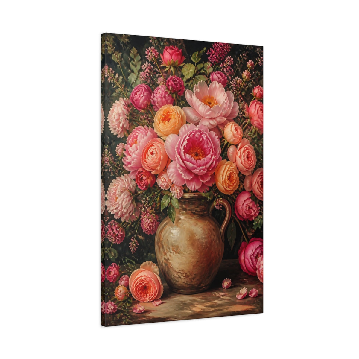 Main Mockup. Peony Flowers In Earthen Jug shown as canvas print
