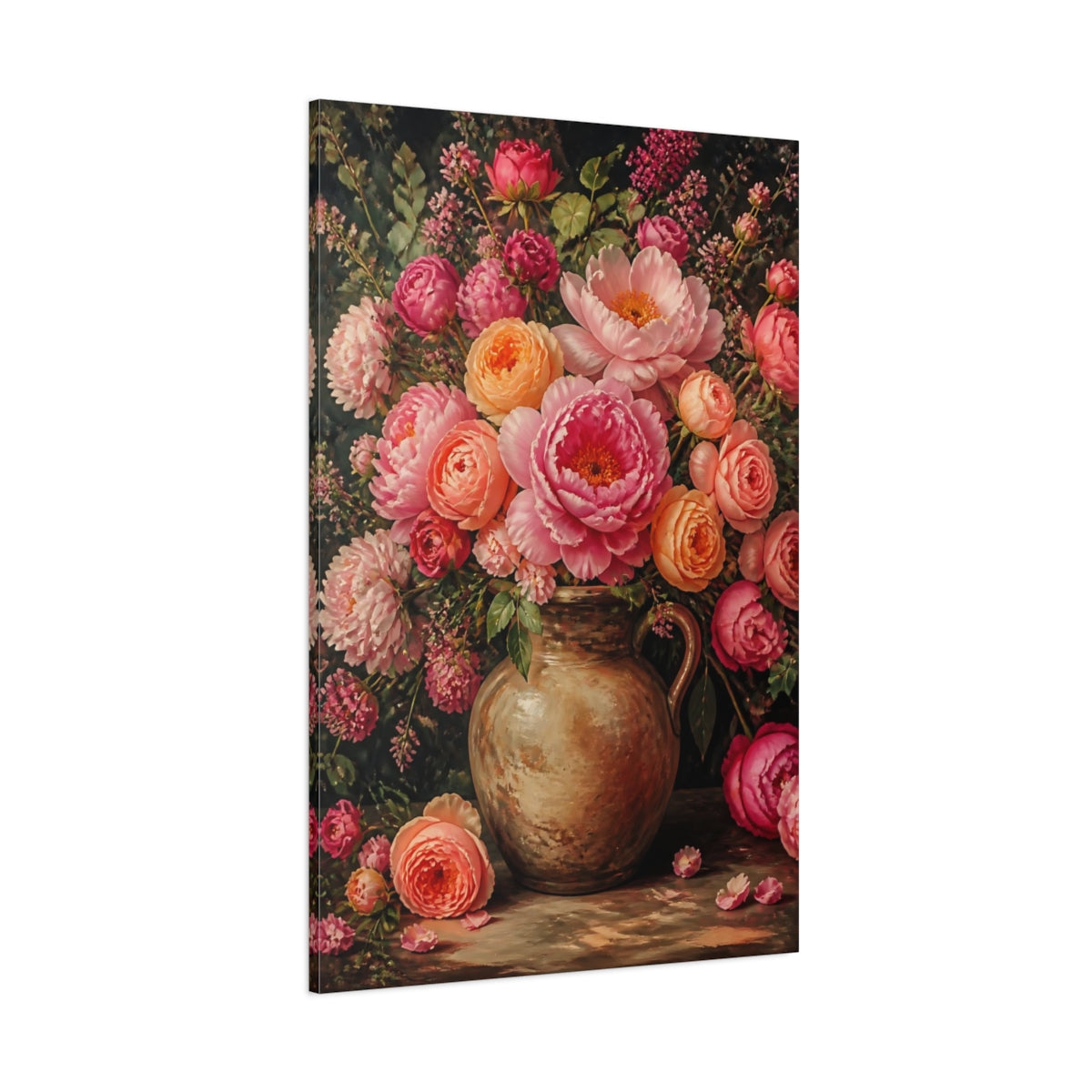 Side Mockup 1. Peony Flowers In Earthen Jug shown as canvas print
