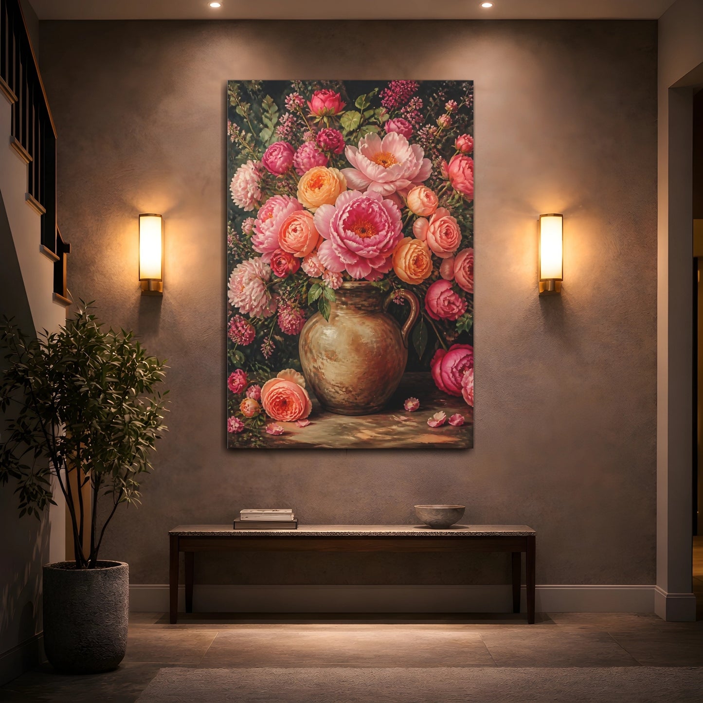 Mockup 2. Peony Flowers In Earthen Jug shown as canvas print