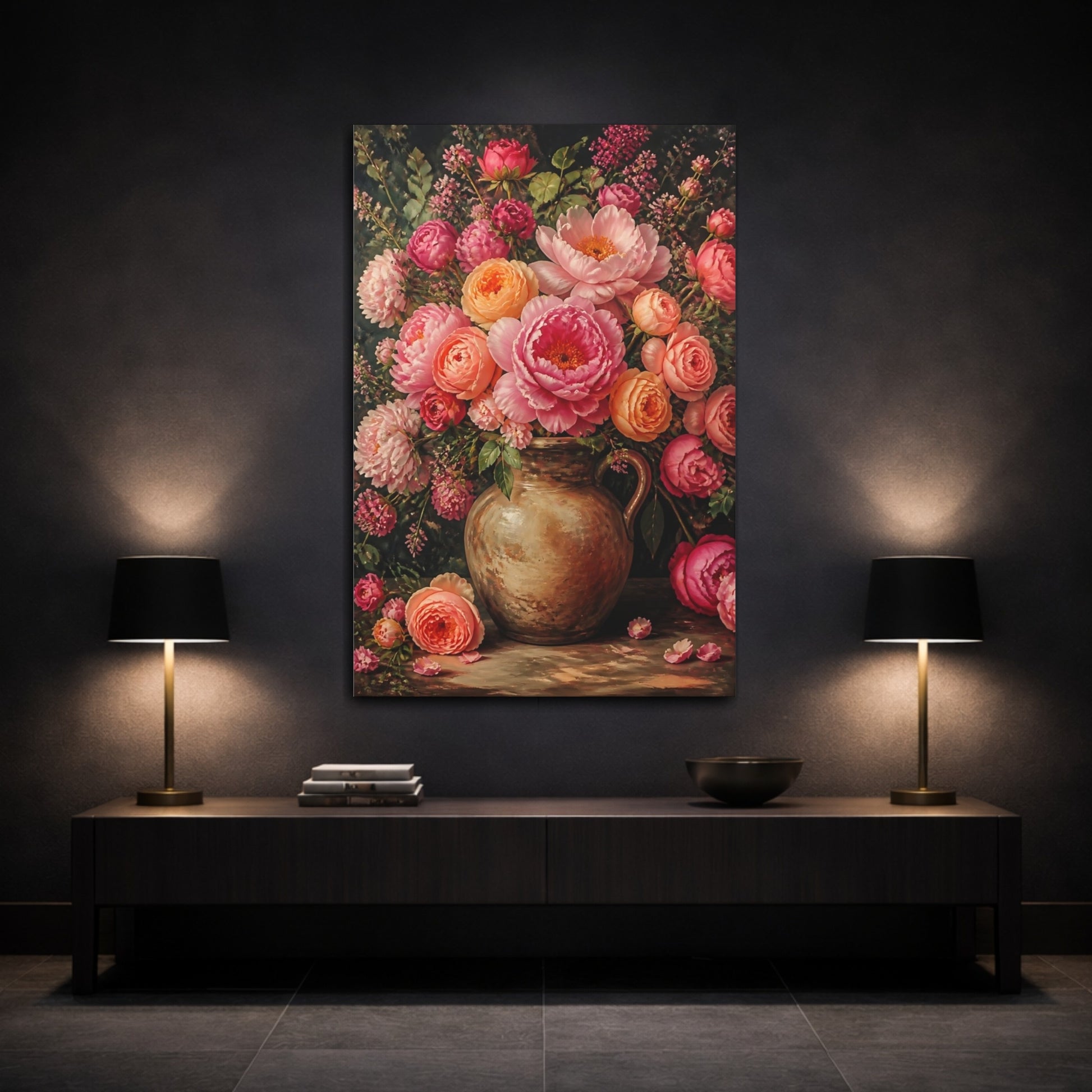 Mockup 3. Peony Flowers In Earthen Jug shown as canvas print