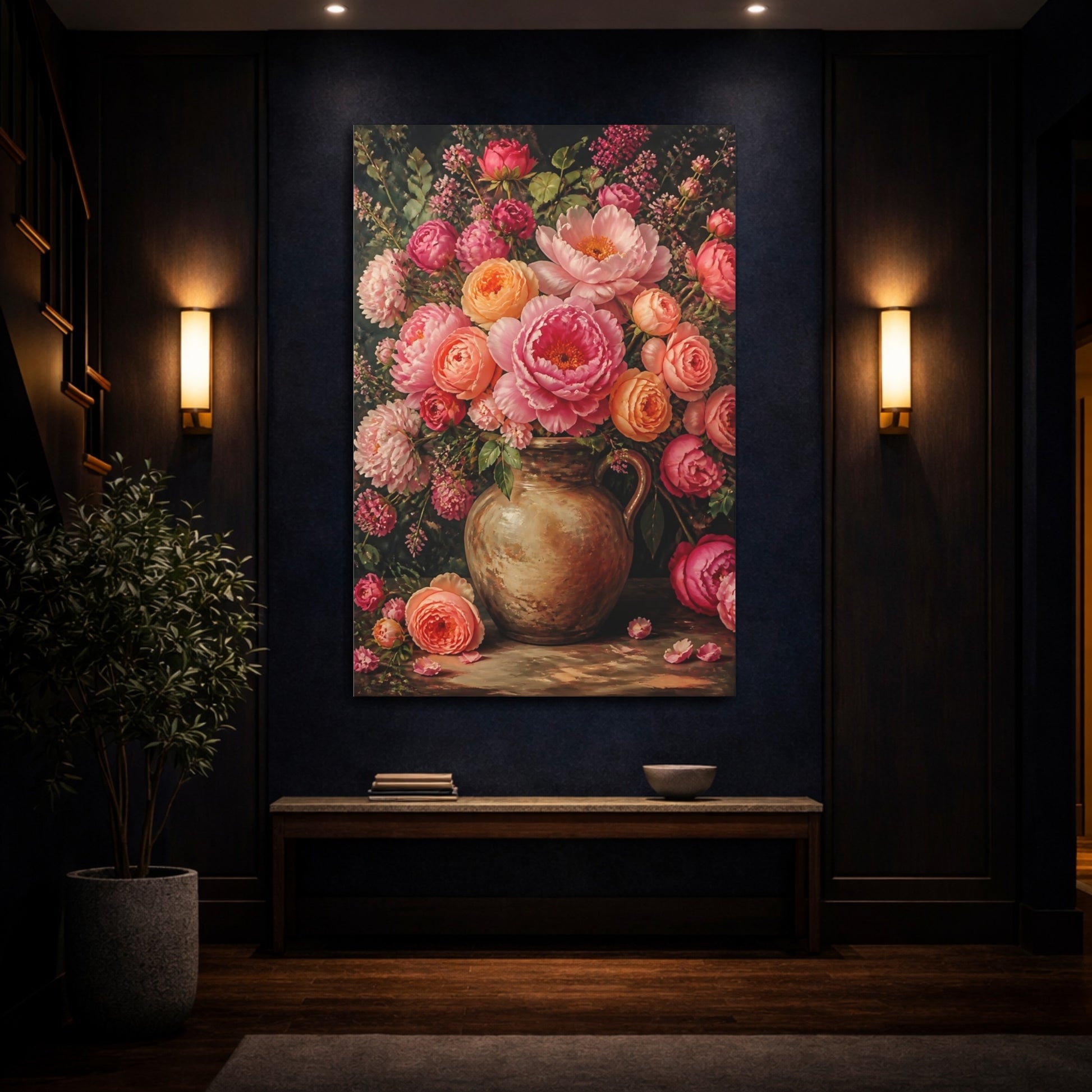 Mockup 4. Peony Flowers In Earthen Jug shown as canvas print