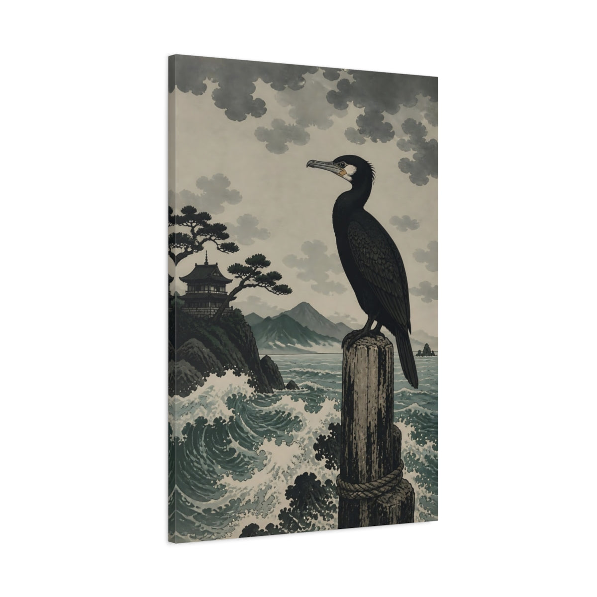 Main Mockup. Perched Cormorant By Sea shown as canvas print